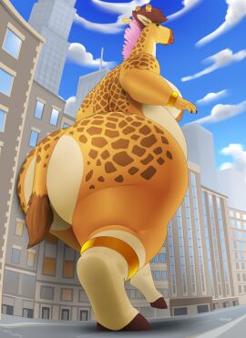 2020 absurd_res anklet anthro areola ass belly big_ass big_breasts big_butt biped bracelet breasts brown_hair building city cloud day digital_drawing_(artwork) digital_media_(artwork) female fur giraffe giraffid hair hi_res hooves horn huge_ass huge_butt jewelry kubwa_kalua looking_away low-angle_view macro mammal nipples nude obese obese_anthro obese_female orange_body orange_fur ossicone outside overweight overweight_anthro overweight_female pink_hair rear_view road sky skyscraper solo splashyu tail thick_thighs walking