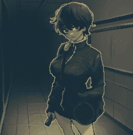 big_breasts black_eyes breasts character_request detailed_background duffel_bag female flashlight fog horror horror_(theme) not_porn original pixel_art short_hair shorts spoiledmuffin thighs tomboy track_jacket wavy_hair zipper
