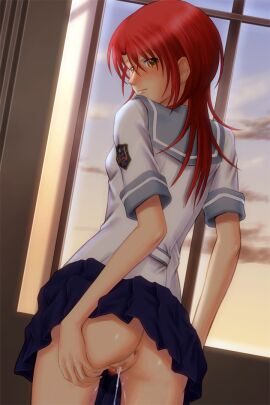 after_sex after_vaginal anus blue_skirt blush bonnie_(rsg) breasts brown_eyes censored clothes_lift commentary_request cowboy_shot cum cum_in_pussy cum_string cumdrip dutch_angle female from_behind grey_sailor_collar hair_between_eyes hino_kahoko la_corda_d'oro long_hair looking_back miniskirt mosaic_censoring no_panties pleated_skirt pubic_hair pussy red_hair sailor_collar sailor_shirt school_uniform shirt short_sleeves skirt skirt_lift small_breasts solo standing straight_hair white_shirt