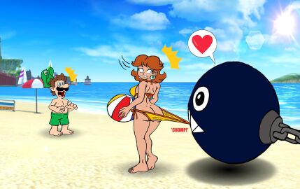 1girls 2boys ass barefoot beach beach_ball bikini bikini_bottom breasts brown_hair chain_chomp dcb2art embarrassed female green_swimming_trunks hat luigi male mario_(series) medium_hair moustache ocean orange_bikini princess_daisy pulling_bikini_bottom shirtless_male swimming_trunks swimsuit tagme