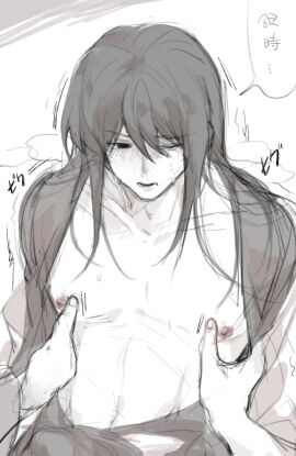 2boys blush gay gintama gintoki_sakata katsura_kotarou long-haired_male long_hair male male_only mew_(pixiv) monochrome nipple_play nipple_rub nipple_stimulation one_eye_closed open_clothes open_mouth solo_focus yaoi