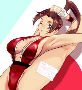 1girls belt big_breasts breasts brown_eyes brown_hair busty fatal_fury female female_only flexible gloves japanese japanese_clothes king_of_fighters leg_up light-skinned_female light_skin long_hair mai_shiranui one_eye_closed one_leg_up red_clothing smile snk solo thick_thighs thighs tied_hair voluptuous voluptuous_female