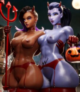 2girls 3d absurd_res choker dark-skinned_female devil_horns female female_only garter_belt halloween hi_res highres nemesis_3d overwatch sombra thick_thighs thigh_squish thighhighs thighs widowmaker