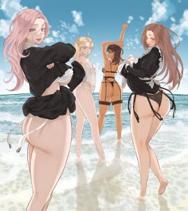 4girls ahoge apron arms_up ass barefoot beach black_bra black_hair black_panties blonde_hair blue_eyes blue_sky bra breasts brown_hair cg clothes_lift cloud dark-skinned_female dark_skin day dress from_behind garter_belt large_breasts lifted_by_self lingerie long_hair long_sleeves looking_at_viewer looking_back maid medium_breasts multiple_girls ocean open_mouth outdoors panties pink_hair purple_eyes skirt sky small_breasts smile standing thong throtem underwear undressing water white_panties