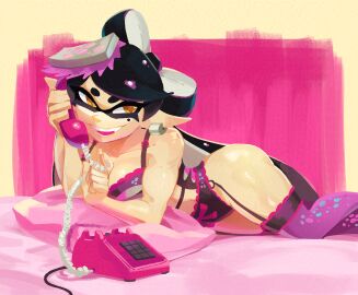+_+ 1girls alternate_costume bed black_hair breasts callie_(splatoon) earrings feet_out_of_frame female female_only inkling inkling_girl jewelry jsketch jsketch12 juno_son lingerie long_hair lying medium_breasts mole mole_under_eye nintendo on_stomach open_mouth phone pointy_ears smile solo splatoon splatoon_(series) squid_sisters tagme tentacle_hair thighhighs underwear