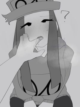 ? blank_background breath breath_cloud breathing cassette_girl confused eyes_half_closed eyes_half_open female finger_in_mouth friday_night_funkin friday_night_funkin_mod hat looking_at_viewer mob_face newgrounds nfch_05054 no_color saliva tagme