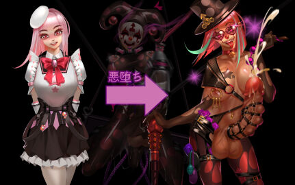 1futa 1girls absurdres areolae balls big_penis black_penis blcat breasts caption clothed clothing clown_girl clownification cock_ring collar comic condom condom_accessories corruption cum dark-skinned_futa dark_skin dildo erection female female_to_futa fully_clothed futa_transformation futanari green_eyes hat huge_cock human intersex jacket large_balls light-skinned_female light_skin magical_girl more_at_source mostly_nude nipple_piercing nipples original penis penis_piercing piercing pink_hair punk sex_toy short_hair short_skirt solo standing text transformation translation_request tribal_tattoo urethral urethral_insertion