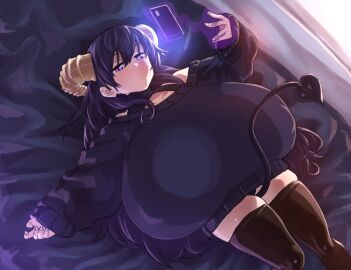1girls big_breasts black_stockings breasts demon demon_girl demon_horns female gigantic_breasts huge_breasts large_breasts looking_at_phone mel_(shiro) on_bed open_mouth phone pov purple_eyes purple_hair ribbed_sweater sio_kakeruhito succubus sweater