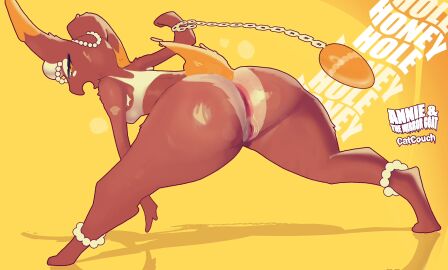 accessory anthro anus biped brown_body brown_fur catcouch female fur hi_res holding_object lagomorph leporid looking_back madame_bunnassin mammal mostly_nude open_mouth orange_body orange_fur orange_tail rabbit rear_view shadow short_tail simple_background solo tail yellow_background