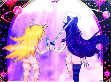 2girls ass ass_focus breasts casual female firearm handgun hueghost human legwear multiple_females multiple_girls nude pale_skin panty_&_stocking_with_garterbelt panty_anarchy sideboob stocking stocking_anarchy stockings stockings_only sword weapon