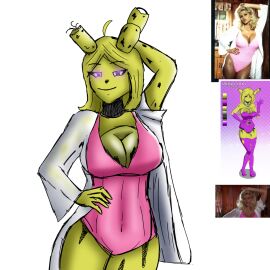 1girls female five_nights_in_anime fnia green_body purple_eyes robot_girl sassy sleepwear springtrap_(fnaf) springtrap_(fnia) tanya_peters the_naked_gun