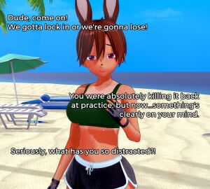 3d_(artwork) beach breasts bunny_ears bunny_girl dialogue dolphin_shorts female fenrir:_blood_of_the_covenant koikatsu looking_at_viewer lulu_(fenrir) mollyavast sweat sweaty_body tan_lines