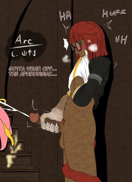 androgynous animal_humanoid anthro aphrodisiac aphrodisiac_gas arc_rose balls biting_clothing blush bodily_fluids bottomless cat_ears_(disambiguation) closed_eyes clothed clothing cum cumshot dialogue ears_down ejaculation erection eyewear genital_fluids genitals glasses hand_on_chest hi_res humanoid inside male markings masturbation meigi_(arc_rose) non-human partially_clothed pivoted_ears plant pubes raised_clothing raised_topwear skinny tail tail_around_leg topwear