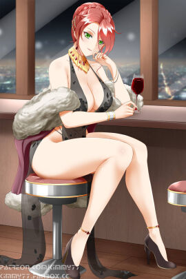 1girls big_breasts breasts cleavage dress female female_only green_eyes high_heels kimmy77 pyrrha_nikos red_hair rwby sitting solo wine wine_glass