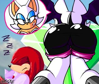 1boy 1girls 2d 2d_(artwork) artist_signature ass ass_bigger_than_head ass_focus bat breasts cleavage eyelashes female female_focus furry hamb0ne knuckles_the_echidna lipstick male master_emerald mobian mobian_(species) mobian_bat rouge_the_bat sega skin_tight sleeping sonic_(series) sonic_adventure_2 sonic_the_hedgehog_(series) speech_bubble thick_ass thick_thighs thighs
