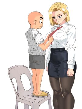 1boy 1girls android_18 bald blonde_hair breasts canon_couple captain_tai chair dragon_ball dragon_ball_z female krillin kuririn large_breasts male medium_hair office_lady office_lady_outfit safe safe_for_work simple_background size_difference smiling thick_thighs white_background wholesome