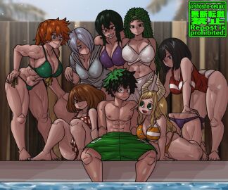1boy 6+girls 7girls american artist_logo big_breasts bikini black-haired_female black_hair blonde-haired_female blonde_hair breasts brown-haired_female brown_hair class_1b embarrassed female green-haired_female green-haired_male green_hair group harem ibara_shiozaki itsuka_kendou izuku_midoriya japanese komori_kinoko light-skinned_female light-skinned_male light_skin looking_at_another male multiple_females multiple_girls muscular muscular_female muscular_male my_hero_academia orange-haired_female orange_hair pool poolside reiko_yanagi shiozaki_ibara shosho_oekaki sitting_down surrounded thick_thighs tokage_setsuna tsunotori_pony vine_hair water white-haired_female white_hair yanagi_reiko yui_kodai