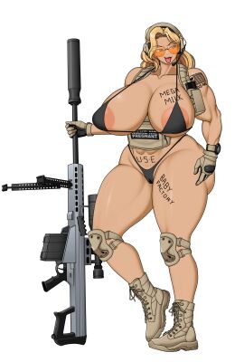 ass barrett_m82 big_breasts big_thighs blonde_hair breasts curvy curvy_female curvy_figure female gun huge_breasts huge_thighs military military_gear military_uniform mk001black muscular muscular_female natalie_(mk001black) original original_character sniper_rifle sunglasses tan_skin tan_skinned_female thick_ass thick_butt thick_female thick_legs thick_thighs