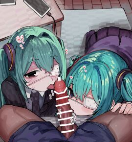 1boy 2girls absurdres aqua_eyes aqua_hair bar_censor black_eyes black_jacket black_necktie blush boxers carpet cellphone censored charging_device clothed_sex commentary_request cooperative_fellatio double-parted_bangs dual_persona erection eyepatch fellatio ffm_threesome freckles grey_sweater group_sex hair_between_eyes hand_on_another's_thigh hatsune_miku heart highres indoors jacket licking licking_penis long_hair looking_at_viewer male_underwear medical_eyepatch microa monitoring_(vocaloid) multicolored_eyes multiple_girls necktie open_clothes open_jacket oral paid_reward_available penis penis_out phone pleated_skirt pov pov_crotch purple_eyes purple_jacket purple_skirt purple_socks ringed_eyes skirt smartphone socks sweatdrop sweater table teamwork_(sexual) testicles threesome tongue tongue_out two-tone_eyes underwear variant_set vocaloid wooden_floor