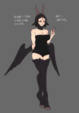 1futa bangs bapho_(gyarusatan) black_feathers black_hair black_sclera breasts bulge clothed clothing demon demon_futa demon_horns dialogue dress english_text feathered_wings futa_only futanari goat_demon grey_background gyarusatan hi_res hooves horns humanoid intersex leg_fur light-skinned_futa light_skin looking_at_viewer mostly_clothed short_hair smiling smiling_at_viewer solo standing talking_to_viewer text white_eyes wings