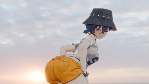 3d animated ass_focus ass_shake belle_(zenless_zone_zero) big_ass big_booty blender blender3d blender_eevee blue_hair booty_shorts female hat hoyoverse jiggling_ass looking_at_viewer looking_back no_sound orange_shorts shorts sunset tagme thick_ass turquoise_eyes twerk twerking video white_shirt zenless_zone_zero