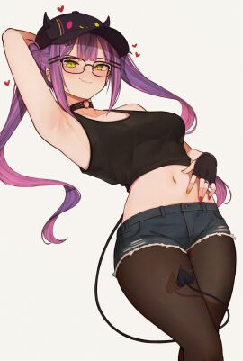 1girls absurdres alternate_costume arm_behind_head arm_up armpit_focus armpits baseball_cap bibi_(tokoyami_towa) black_choker black_gloves black_hat black_pantyhose black_tank_top breasts center-flap_bangs choker closed_mouth crop_top demon demon_girl demon_tail double-parted_bangs fake_horns female female_only fingerless_gloves glasses gloves gradient_hair green_eyes hair_ornament hairclip hat heart highres holoforce hololive hololive_japan horned_headwear horns long_hair looking_at_viewer midriff multicolored_hair navel_piercing o-ring o-ring_choker pantyhose piercing pink_hair pointy_ears presenting_armpit purple_hair raised_eyebrow short_shorts shorts simple_background small_breasts smile solo streaked_hair succubus sweaty_armpits tail tail_ornament tail_piercing tank_top tokoyami_towa twintails varniskarnis virtual_youtuber white_background