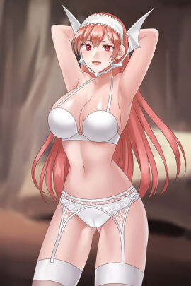 1girls :d absurdres ass_visible_through_thighs blurry blurry_background bra breasts cameltoe cherche_(fire_emblem) cleavage commentary_request cowboy_shot female female_only fire_emblem fire_emblem_awakening garter_belt hairband hazuki_(nyorosuke) highres indoors large_breasts long_hair looking_at_viewer navel nintendo open_mouth panties partially_visible_vulva pink_hair purple_eyes pussy revealing_clothes smile solo standing stockings stomach thighhighs thighs underwear underwear_only very_long_hair white_bra white_hairband white_panties white_thighhighs
