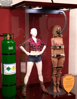 1girls 3d becca_woolett blonde_hair bound bound_arms bound_legs completely_nude denim_shorts female female_only full_body mannequin nude nude_female resident_evil resident_evil_resistance solo thejpeger trophy_case unconscious unconscious_female