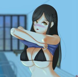 aoyagi_tsubaki bagmozzarella big_breasts blush bra breasts d4dj female looking_at_viewer nipple_bulge stripping sweatdrop watermark