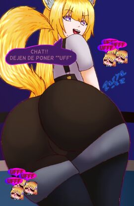 2023 ass big_ass big_butt bubble_ass bubble_butt clothed clothing female fox fox_ears fox_girl fox_tail genderswap genderswap_(mtf) huge_ass kendomurft latam_virtual_youtuber male mexican_female mexican_male overalls purple_eyes rule_63 smile spanish_text speaking thick_thighs virtual_youtuber vrchat_media vtuber vtuberfanart white_skin yellow_hair zarya_az
