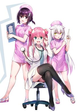 3girls ayakashi_triangle blue_eyes bracelet breasts chair clipboard doctor female female_only glasses green_shirt hairclip high_heels holding_clipboard holding_thermometer kanade_suzu korogi_reo labcoat long_hair looking_at_viewer multiple_females multiple_girls nurse nurse_cap nurse_uniform pink_eyes pink_hair purple_hair sandals shirt short_hair sitting_on_chair small_breasts stethoscope thermometer thighhighs twintails white_background white_hair yabuki_kentarou yellow_eyes