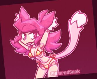 1girls aboredsnek arms_behind_head breasts cat_ears cat_girl cat_tail doll doll_joints eyes_half_open female female_only golden_bikini mad_mew_mew mew_mew_(undertale) mew_mew_kissy_cutie pink_hair pink_skin robot robot_girl small_breasts tongue tongue_out undertale undertale_(series)