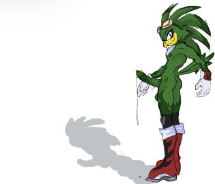 1boy accipitrid accipitriform anthro ass ass_focus avian babylonian_(sonic) balls beak bird blue_eyes bodily_fluids butt_focus chest_tuft clothing cum cum_drip dripping eyewear eyewear_on_head facing_away_from_viewer feather_markings feathers fur genital_fluids genital_piercing genitals gloves goggles goggles_on_head green_body handwear heehoohaa jet_the_hawk knee_pads looking_away male male_only markings mohawk multiple_piercings navel navel_piercing nipple_piercing nipples penis penis_piercing piercing precum sega solo sonic_(series) sonic_riders sonic_the_hedgehog_(series) tail tail_feathers tuft white_body white_fur