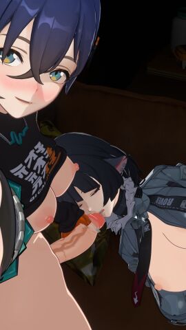 1futa 1girls 3d 3d_(artwork) animal_ears bangs belle_(zenless_zone_zero) big_breasts big_penis black_hair blue_hair blunt_bangs blush bottomless breasts breasts_out closed_eyes dark_blue_hair female fingerless_gloves futa_with_female futanari gloves grabbing_penis highres imminent_fellatio imminent_oral intersex jane_doe_(zenless_zone_zero) large_breasts light-skinned_female light-skinned_futa light_skin never_yapph parted_lips penis penis_on_face penis_on_lips selfie shirt_lift short_hair sleep_molestation sleeping teeth veiny_penis zenless_zone_zero