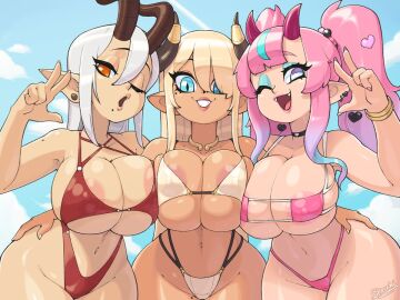 3girls akari_(sait0moriyama) areolae big_breasts bikini blonde_hair blue_eyes blue_highlights breasts choker demon demon_girl demon_horns fangs female female_only hand_on_another's_hip heart-shaped_pupils heart_hair_ornament horn_ring horns kait_(skecchiart) long_hair looking_at_viewer micro_bikini mole mole_under_eye mole_under_mouth nipples_visible_through_clothing open_mouth orange_eyes pink_hair pink_lipstick pointy_ears purple_horns see-through see-through_bikini skecchiart slit_pupils smiling smiling_at_viewer succubus succubus_horns swimsuit swimwear teeth_showing three-quarter_portrait twintails v_sign white_hair wide_hips wink winking_at_viewer yew_(cliffpadfoot)