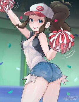 :p absurdres arm_up artsheops ass baseball_cap black_vest blue_eyes breasts brown_hair cheerleader denim denim_shorts female from_behind hat high_ponytail highres hilda_(pokemon) looking_back nintendo pokemon pokemon_bw pom_pom_(cheerleading) ponytail short_shorts shorts small_breasts solo tank_top thighs tongue tongue_out vest white_tank_top