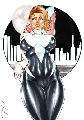 1girls artist_name asymmetrical_hair blonde_hair ed_benes_studio female female_focus female_only gwen_stacy gwen_stacy_(spider-verse) jeferson_lima looking_at_viewer marvel marvel_comics seductive seductive_look shaved_side short_hair signature spider-gwen spider-man:_across_the_spider-verse spider-man:_into_the_spider-verse spider-man_(series) superhero superhero_costume superheroine voluptuous voluptuous_female