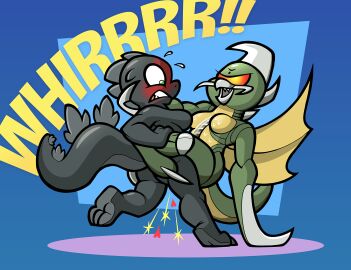 anthro blush breasts clenched_teeth duo featureless_breasts female female/female gigan godzilla godzilla_(series) heart_symbol hi_res kaiju leg_wrap membrane_(anatomy) membranous_wings multicolored_body nervous_sweat open_mouth open_smile pussy sex side_boob smile teeth toho toonbat tribadism two-tone_body vaginal_penetration wings