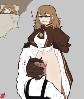 1boy 1girls big_breasts blush bottomless breasts brown_eyes brown_hair canon_couple canto_6_if_it_was_epic catherine_(limbus_company) dark-skinned_male dark_skin dream female heart heathcliff_(limbus_company) licking licking_pussy limbus_company long_hair looking_at_partner male partially_clothed presenting project_moon pubic_hair pussy skirt skirt_lift smile standing straight thick_thighs wholesome wholesome_sex yamapollogee ■■■■■(limbus_company)