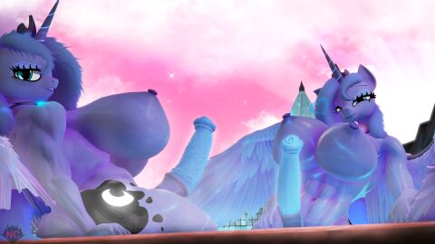 2futas 3d_(artwork) absurd_res alicorn animal_genitalia animal_penis anthro areola big_breasts biped blue_body blue_eyes blue_hair breasts clone digital_media_(artwork) duo equid equine equine_genitalia equine_penis eyelashes friendship_is_magic ftg_crossgender fti_crossgender futanari genitals hair hasbro hi_res horn huge_breasts intersex looking_at_viewer looking_back mammal my_little_pony mythological_creature mythological_equine mythology naughty_cube nipples outside penis princess_luna_(mlp) pupils rule_63 sitting smile thick_thighs three-quarter_view wings