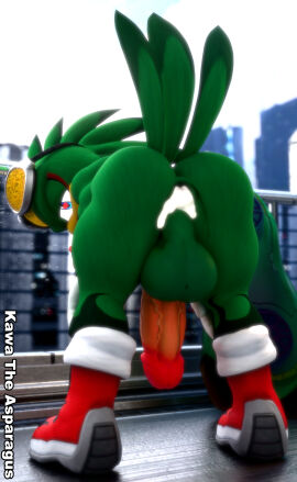 3d_(artwork) absurd_res animal_humanoid anthro ass avian balls beak big_balls big_penis bird bodily_fluids boots clothing cum digital_media_(artwork) english_text eyewear eyewear_on_head feathers footwear genital_fluids genitals gloves goggles goggles_on_head green_body handwear hi_res hoverboard huge_balls huge_cock humanoid humanoid_genitalia humanoid_penis jet_the_hawk kabalmystic kawa_the_asparagus looking_at_viewer male nude penis sega shoes smile solo sonic_(series) sonic_riders sonic_the_hedgehog_(series) tail text yaoi