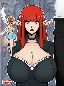 1boy 1futa 1girls big_breasts blue_eyes breasts bulge captainxero cleavage clothed clothing cucked_by_futa eiselin_hulkenberg elf_ears female female_focus futa_is_bigger futanari gallica huge_breasts intersex larger_male male metaphor:_refantazio minifuta orukidraws penis red_hair size_difference small_but_hung small_penis small_penis_humiliation smaller_futa will_(metaphor:_refantazio)