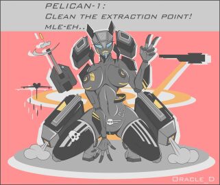 5_fingers aeromorph animate_inanimate armor armored_female big_breasts black_body blue_eyes breasts dark_skin engines explosion female glowing_genitalia grey_body gun helldivers helldivers_2 living_machine looking_at_viewer oracle_dominus peace_sign pelican_1_(helldivers) pose red_background robot robot_girl sexbot sitting solo_female squatting succubus_tattoo tagme text tongue tongue_out turret vehicle yellow_lips yellow_lipstick