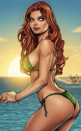 1girls ass bikini curvy_figure female green_bikini jean_grey marvel marvel_comics marvel_girl phoenix_(x-men) red_hair redhair shy solo swimsuit x-men