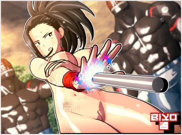 1girls 3d 3d_(artwork) angry annoyed big_breasts biyo black_hair breasts clothed clothed_female female fight hero_outfit_(mha) heroine heroine_in_trouble imminent_rape imminent_sex koikatsu male momo_yaoyorozu monster multiple_boys multiple_males my_hero_academia nomu stick superheroine torn_clothes usj_nomu