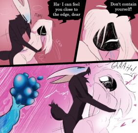 anthro arthropod arthropod_abdomen black_body blue_penis blush bodily_fluids breath clothing comic dialogue duo egg egg_implantation female genitals grabbing_wrists gynomorph gynomorph/female hollow_knight hollow_knight:_silksong hollow_knight_(franchise) hornet_(hollow_knight) intersex intersex/female lace_(hollow_knight) lace_(hollow_knight:_silksong) lordsapathy mammal messy_hair naked nude nude_gynomorph oviposition ovipositor ovipositor_penis panting penis rough_sex sex shove speech_bubble sweat team_cherry white_body
