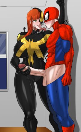 1boy 1girls all-new_venom big_breasts breasts claws clothed colored couple couple_(romantic) female freckles green_eyes jacking_off large_breasts male marvel marvel_comics mary_jane_watson masturbation peter_parker red_hair sex spider-man spider-man_(series) spit_trail standing tounge_out venom_(marvel) venom_(mary_jane_watson)_(marvel) venomarts00