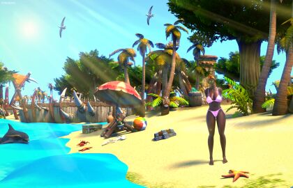3d beach big_breasts blizzard_entertainment blonde_hair blood_elf breasts elf female green_eyes looking_at_viewer relaxing smile vinesenia warcraft world_of_warcraft