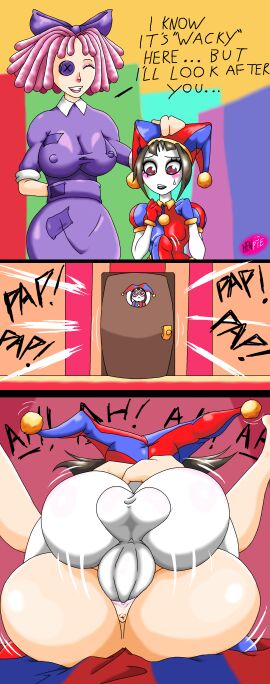 1futa 1girls arms_around_waist ass balls behind_door big_ass big_balls big_breasts big_penis big_sub_small_dom big_sub_small_top black_lipstick blue_background blush blushing blushing_female bow breasts brown_hair bulge_through_clothing bulging_penis button_eyes closed_door clown clown_costume clown_girl clown_hat clown_makeup cock_bulge cowgirl_position doll door eyeshadow fat_balls fat_breasts fat_cock fat_dick fat_penis female futa_on_female futanari gloves green_background hair_bow hair_ornament hand_behind_back hand_on_head hat henpie huge_balls huge_breasts huge_cock huge_penis intersex jester_hat jester_outfit larger_female mating mating_press multicolored_eyes nervous nervous_expression nervous_face nervous_sweat patched_clothing penis pink_background pink_hair pomni pomni_(the_amazing_digital_circus) pussy ragatha ragatha_(the_amazing_digital_circus) ragdoll red_and_blue red_background shocked shocked_expression shortstack small_boobs small_breasts small_dom small_dom_big_sub small_tits smaller_female smile sound_effect spread_legs striped_bedding stripped_clothes text the_amazing_digital_circus vagina vaginal vaginal_insertion vaginal_penetration vaginal_sex visible_bulge yellow_background