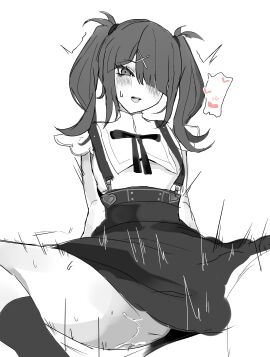 1girls absurd_res ame-chan black_and_white black_bow blush female hair_ornament hair_over_one_eye heart_speech_bubble hidden_sex highres implied_sex looking_at_viewer monochrome motion_lines needy_girl_overdose needy_streamer_overload open_mouth pinafore_dress simple_background socks solo twintails wet_skin white_background white_skin